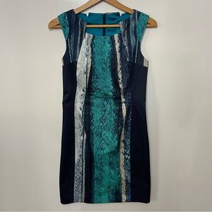 Elie Tahari "Liv" Sleeveless Shift Dress, Navy Teal Abstract Print, Size 8